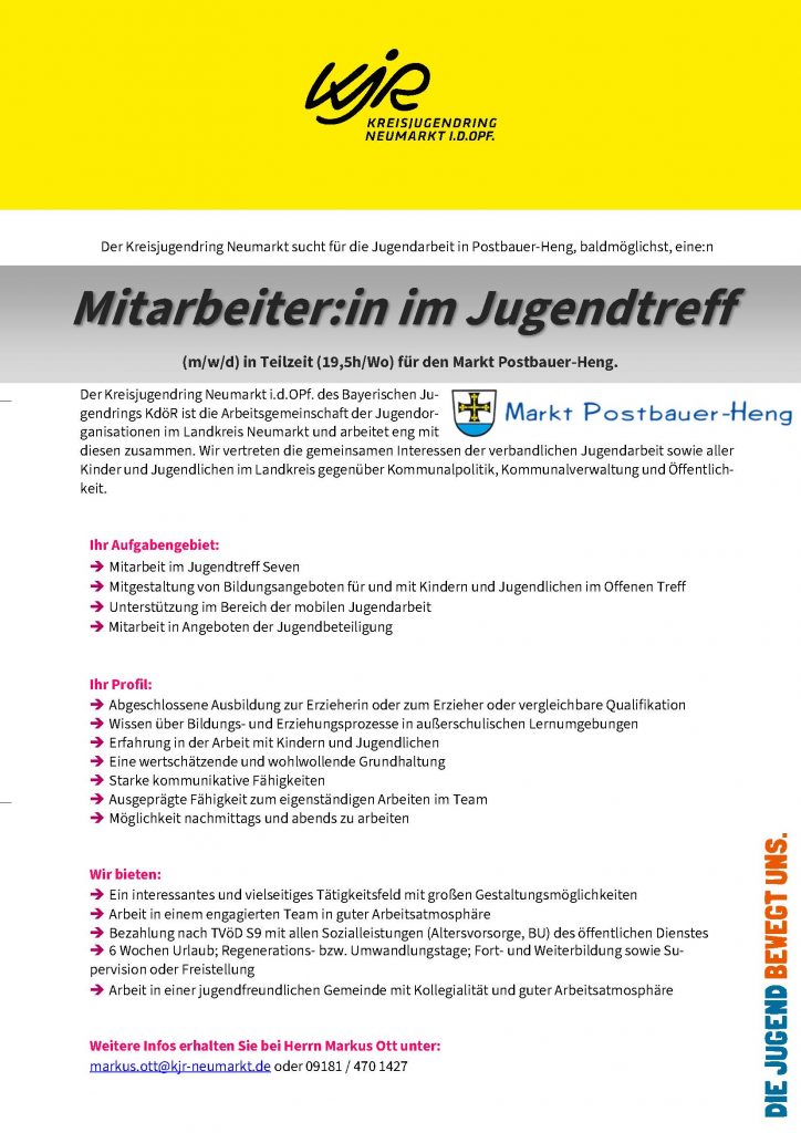 Stellenangebot für Mitarbeiter:in im Jugndtreff in Teilzeit (19,5h/ Woche) für den Markt Postbauer-Heng