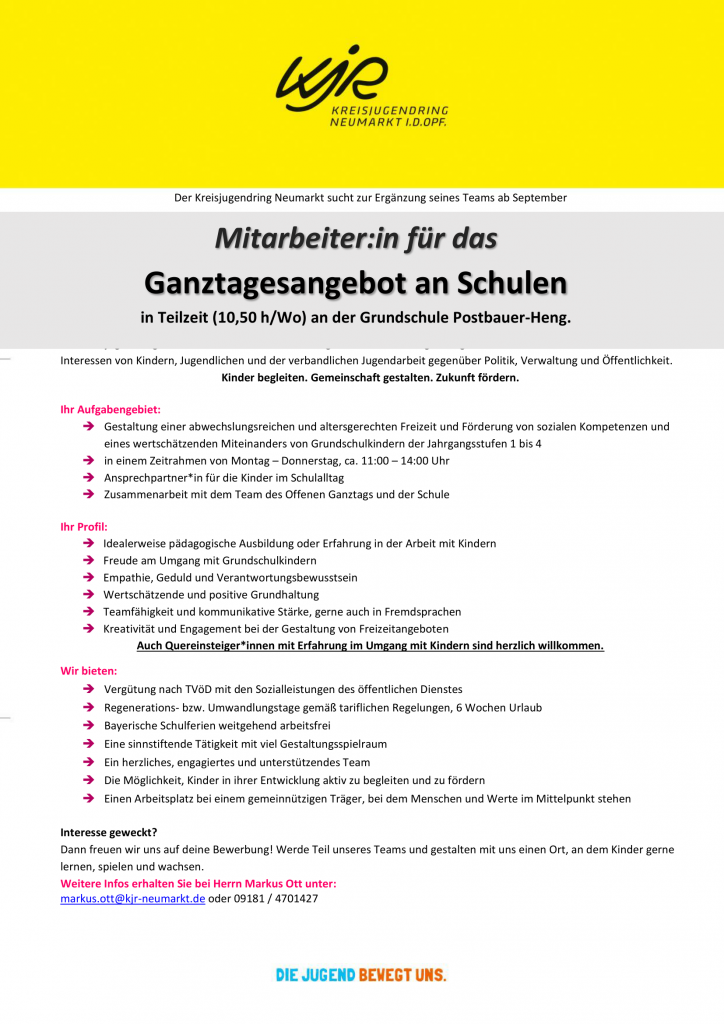 Stellenauschreibung Mitarbeiter:in für das Ganztagesangebot an Schulen in Teilzeit (10,50 h/Wo) an der Grundschule Postbauer-Heng.